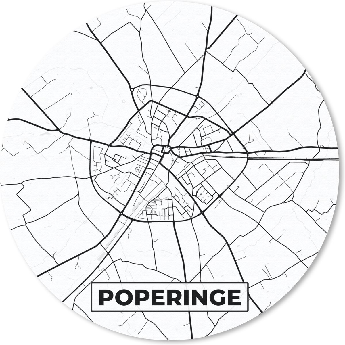 Muismat rond 50x50 cm - Mousepad België – Poperinge – Stadskaart – Kaart – Zwart Wit – Plattegrond - Ronde muismatten - Stadskaart