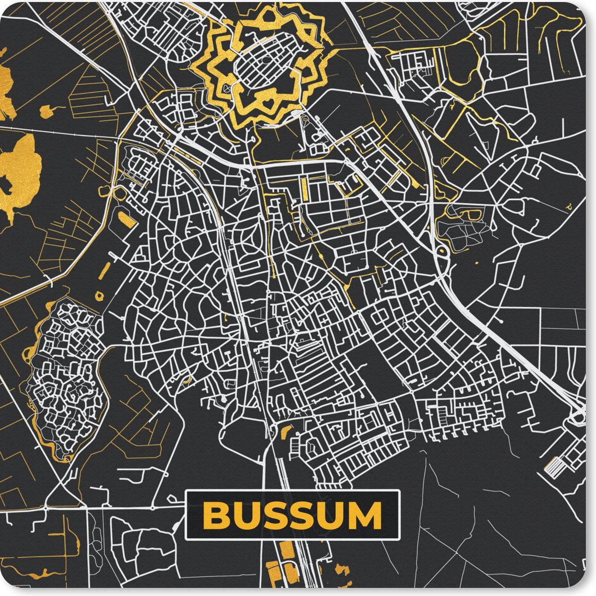 Muismat Klein - Bussum - Kaart - Stadskaart - Plattegrond - Goud - 20x20 cm