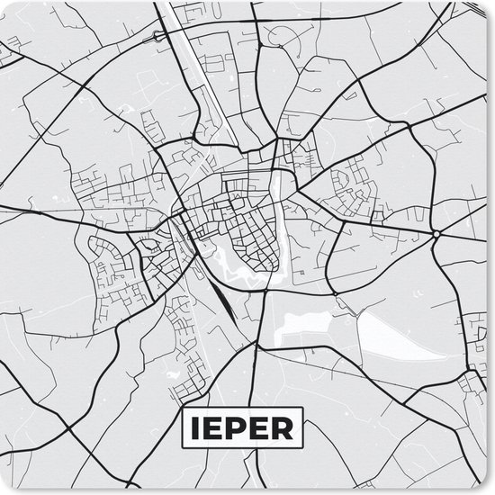 Muismat 30x30 cm - Mousepad Zwart Wit – België – Plattegrond – Stadskaart – Kaart – Ieper - Muismatten - Stadskaart