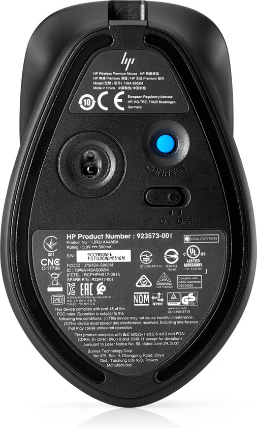 Onderkant van een zwarte HP draadloze muis met productinformatie en connect-knop.