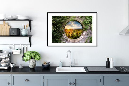Cadre photo avec affiche - Tournesols - Vue à travers - Fleurs - Soleil - 90x60 cm - Cadre pour affiche