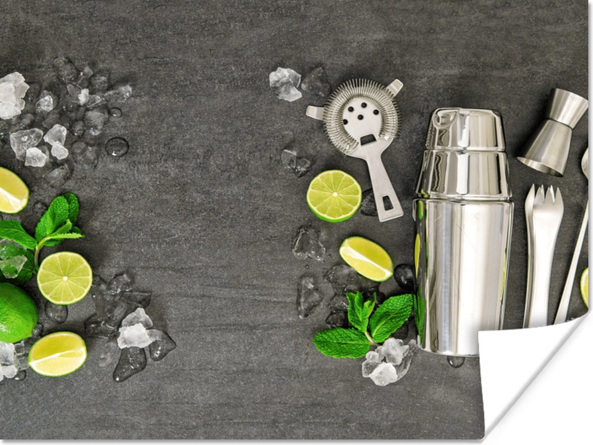 Poster Cocktail shaker - IJsblokjes - Fruit - 40x30 cm