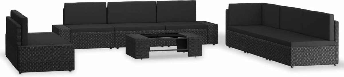 Zwarte poly rattan loungeset met 9 delen voor tuinsets.