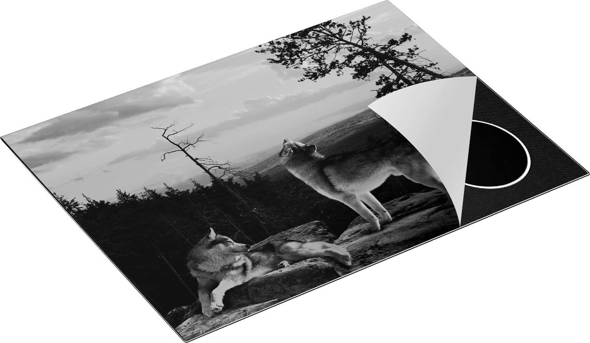 Chefcare Inductie Beschermer Drie Wolven op een Rots in het Bos - Zwart Wit - 70x50 cm - Afdekplaat Inductie - Kookplaat Beschermer - Inductie Mat