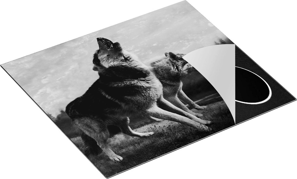 Chefcare Inductie Beschermer Twee Wolven op het Gras - Zwart Wit - 57,6x51,6 cm - Afdekplaat Inductie - Kookplaat Beschermer - Inductie Mat