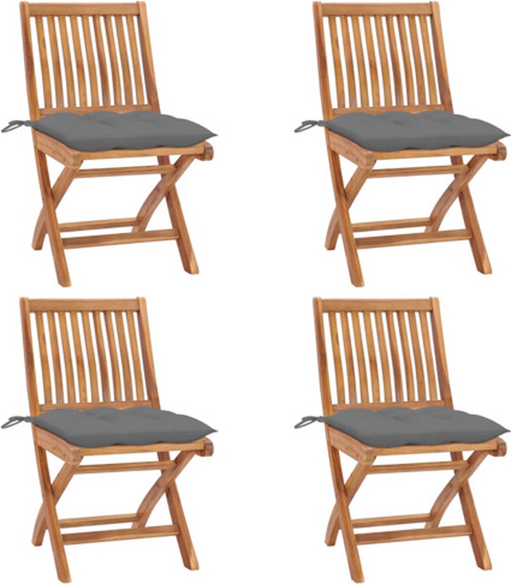 vidaXL - Tuinstoelen - 4 - st - inklapbaar - met - kussens - massief - teakhout