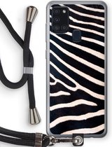 Case Company® - Hoesje met koord geschikt voor Samsung Galaxy A21s hoesje met Koord - Zebra - Telefoonhoesje met Zwart Koord - Bescherming aan alle Kanten en Over de Schermrand