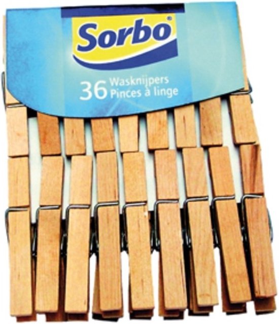 Pak met 36 Sorbo houten wasknijpers, 144x vermeld op witte cirkel.