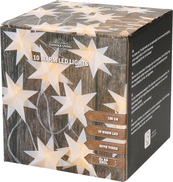 Kerstverlichting lichtsnoer met 10 witte sterren op batterijen - Kerst lichtsnoeren - Sterren lampjes/lichtjes -135 cm