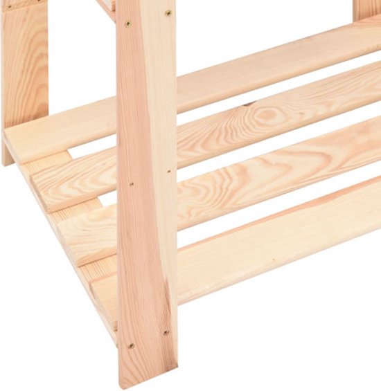 Gros plan détaillé des pieds et des étagères en bois d'une étagère de rangement.