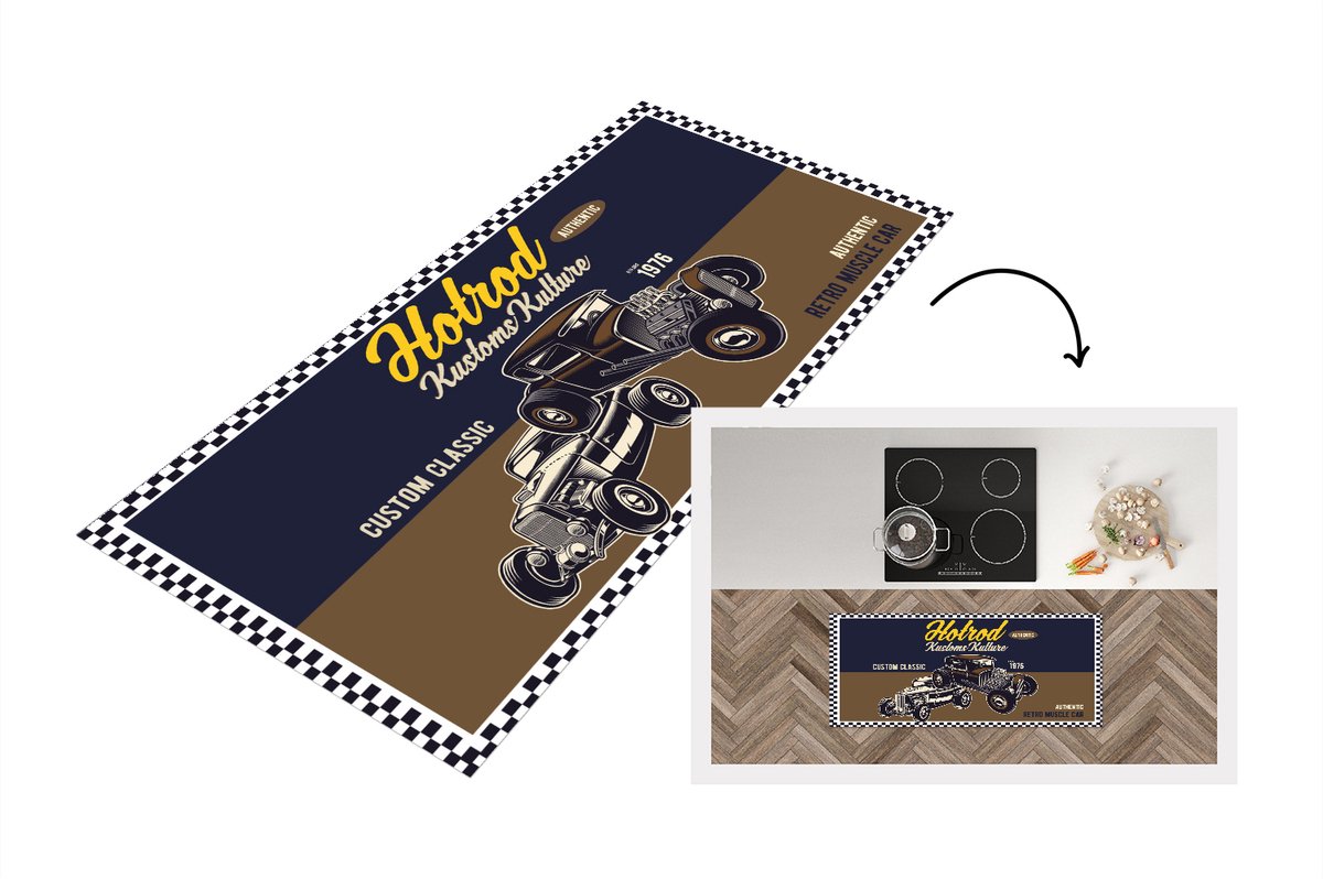 KitchenYeah Keukenloper - Loper keuken - Mancave - Auto - Retro - Letters - 120x50 cm - Keukenloper vinyl Multicolor