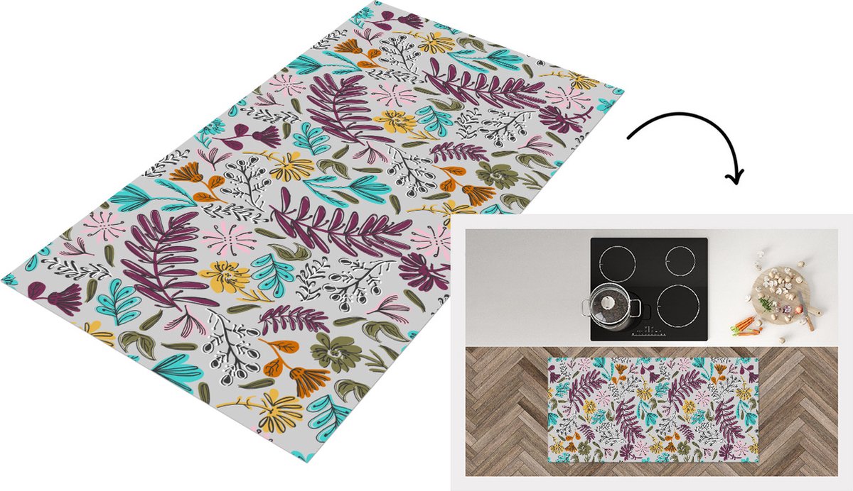 KitchenYeah Keukenloper - Loper keuken - Bloemen - Bladeren - Patroon - 120x60 cm - Keukenloper vinyl Multicolor