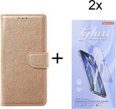 Bookcase Geschikt voor: Motorola Edge 30 Pro - Goud - portemonnee hoesje met 2 stuk Glas Screen protector