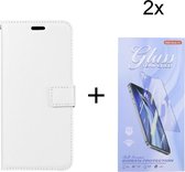 Bookcase Geschikt voor: Xiaomi 11T / 11T Pro - Wit - portemonee hoesje met 2 stuk Glas Screen protector