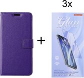 Bookcase Geschikt voor: Motorola Moto G200 5G - Paars - portemonnee hoesje met 3 stuk Glas Screen protector