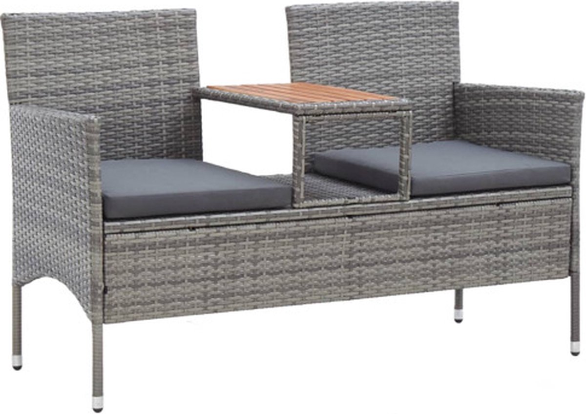 vidaXL - Tuinbank - 2-zits - met - tafeltje - 143 - cm - poly - rattan - grijs