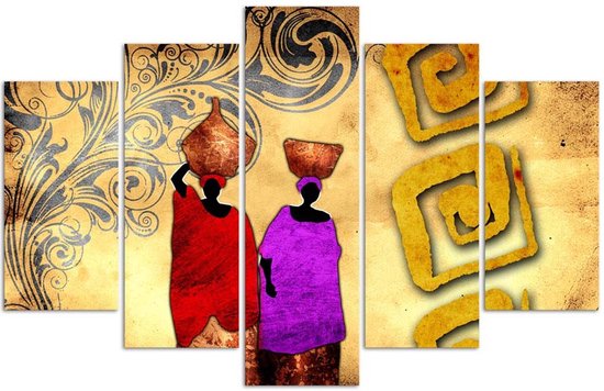 Trend24 - Canvas Schilderij - Afrikaanse Vrouwen Met Kruiken - Vijfluik - Oosters - 150x100x2 cm - Meerkleurig