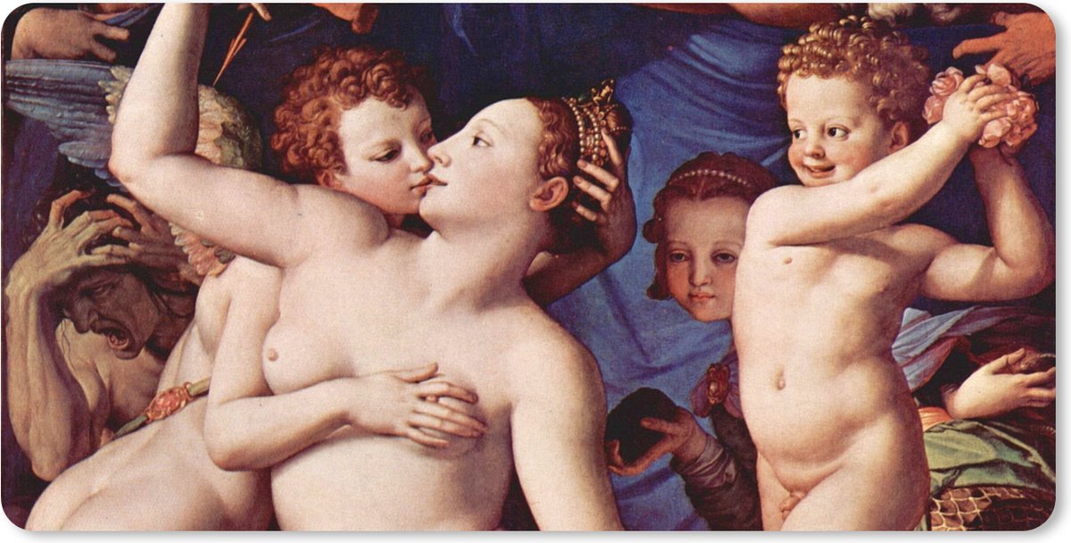 Muismat XXL 90x45 cm - Bureau onderlegger - Bureau mat Venus cupid folly and time - Leonardo da Vinci - Bureaumat - Gaming mousepad xl - Bureaulegger groot - Computer deskmat