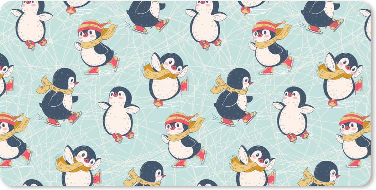 Muismat XXL 90x45 cm - Bureau onderlegger - Bureau mat Kinderen - Pinguïn - Schaatsen - Winter - Patronen - Bureaumat - Gaming mousepad xl - Bureaulegger groot - Computer deskmat