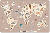 Muismat XXL - Bureau onderlegger - Bureau mat - Wereldkaart kinderen - Aarde - Dieren - Bruin - Jongens - Meisjes - 90x60 cm - XXL muismat