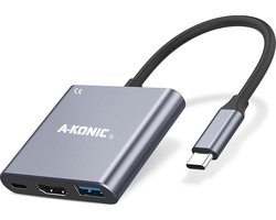 A-KONIC USB C Hub 3 in 1 – 4K HDMI – USB-C Opladen / Power delivery – USB 3.0 – USB Splitter – Macbook Pro / Air – Lenovo, Dell, Chromebook en meer – Spacegray