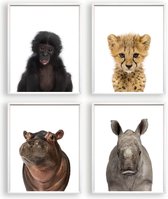 Poster Set 4 Jungle / Safari Baby Aapje Cheeta Nijlpaard Neushoorn - 70x50cm - Baby / Kinderkamer - Dieren Poster - Muurdecoratie