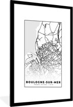 Fotolijst incl. Poster Zwart Wit- Kaart – Stadskaart – Frankrijk – Plattegrond - Boulogne-sur-Mer - Zwart wit - 60x90 cm - Posterlijst