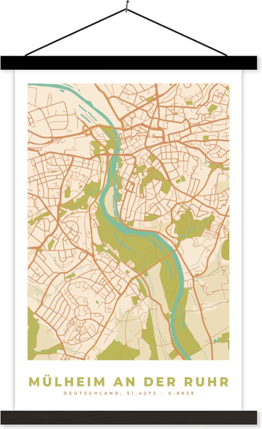 Porte-affiche avec affiche - Affiche scolaire - Vintage - Mülheim an der Ruhr - Carte - Plan d'étage - Plan de la ville - 40x60 cm - Lattes noires - Plan d'étage
