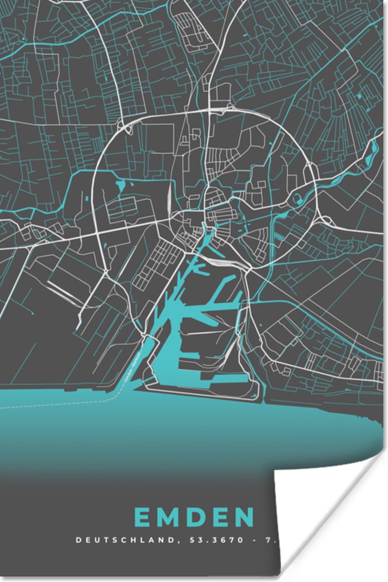 Poster Plattegrond – Emden – Blauw – Stadskaart – Kaart - Duitsland - 120x180 cm XXL