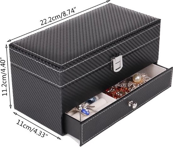 Confibel Compacte Sieraden en Horloge Doos Box - Luxe Bijouterie Kistje - Juwelen Box met Houder - 6 Vakken - Ketting/Ring/Oorbellen - Zwart