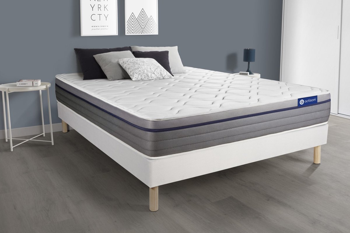 Complete boxspring met matras tweepersoons- Actisom Actiflex zen wit - Pocketveren en traagschuim - 140 x 210 cm