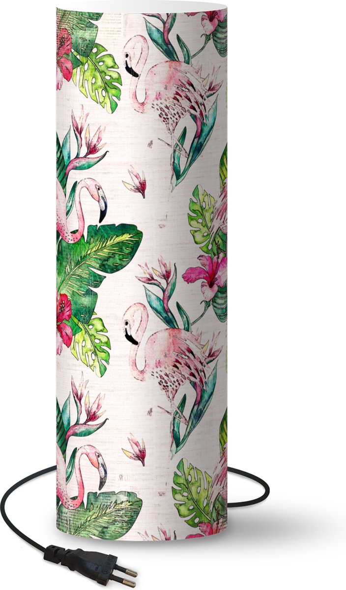 Lamp - Nachtlampje - Tafellamp slaapkamer - Flamingo - Bloemen - Bladeren - Krant - 70 cm hoog - Ø22.3 cm - Inclusief LED lamp