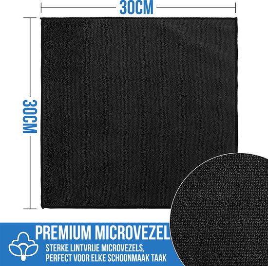 Zwart 30x30 cm microvezeldoek met weergave van textuur en afmetingen.