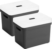 Set van 2x opbergboxen/opbergmanden zwart van 18 liter kunststof met transparante deksel 35 x 25 x 24 cm