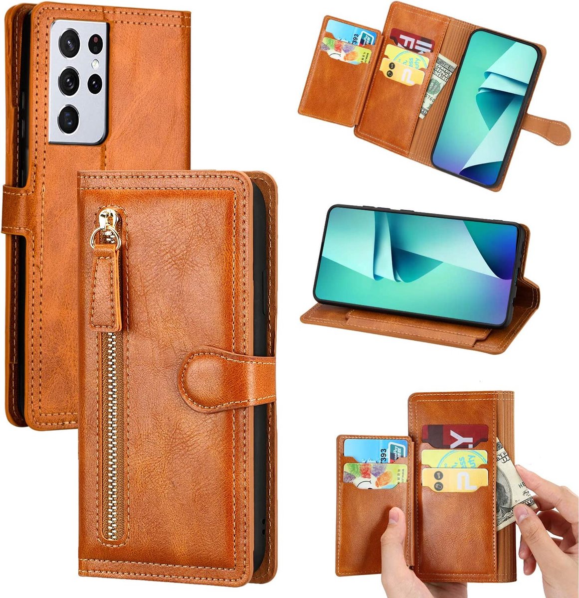 Bookcase Hoesje Geschikt voor: Samsung Galaxy A33 5G met ritssluiting - Flipcover - Magnetisch - 5 kaarten houder - Lichtbruin