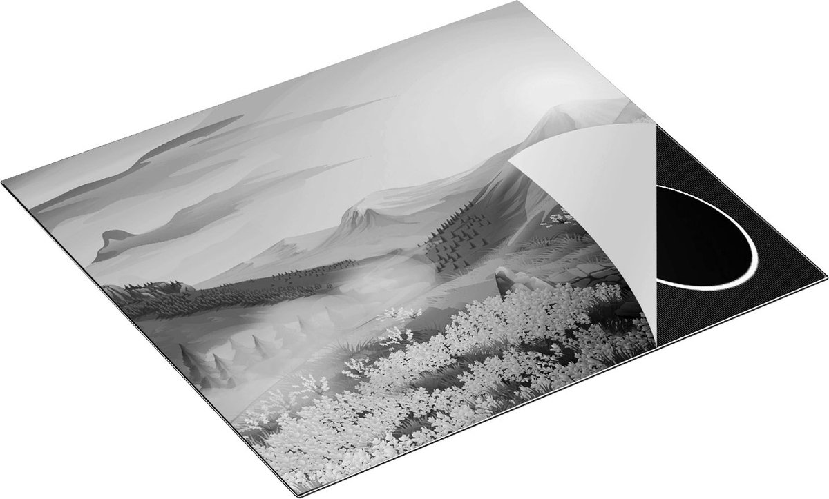 Chefcare Inductie Beschermer Lavendel Bloemen in de Bergen - Abstract - Zwart Wit - 60x55 cm - Afdekplaat Inductie - Kookplaat Beschermer - Inductie Mat