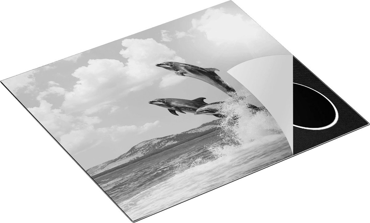 Chefcare Inductie Beschermer Dolfijnen Springen uit het Water - Zwart Wit - 60x52 cm - Afdekplaat Inductie - Kookplaat Beschermer - Inductie Mat
