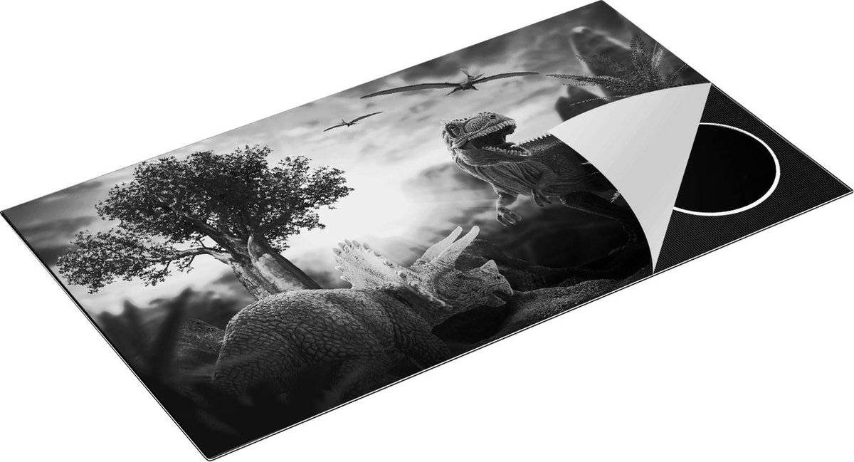 Chefcare Inductie Beschermer Dinosauriërs in de Natuur - Dino's - Zwart Wit - 95x50 cm - Afdekplaat Inductie - Kookplaat Beschermer - Inductie Mat