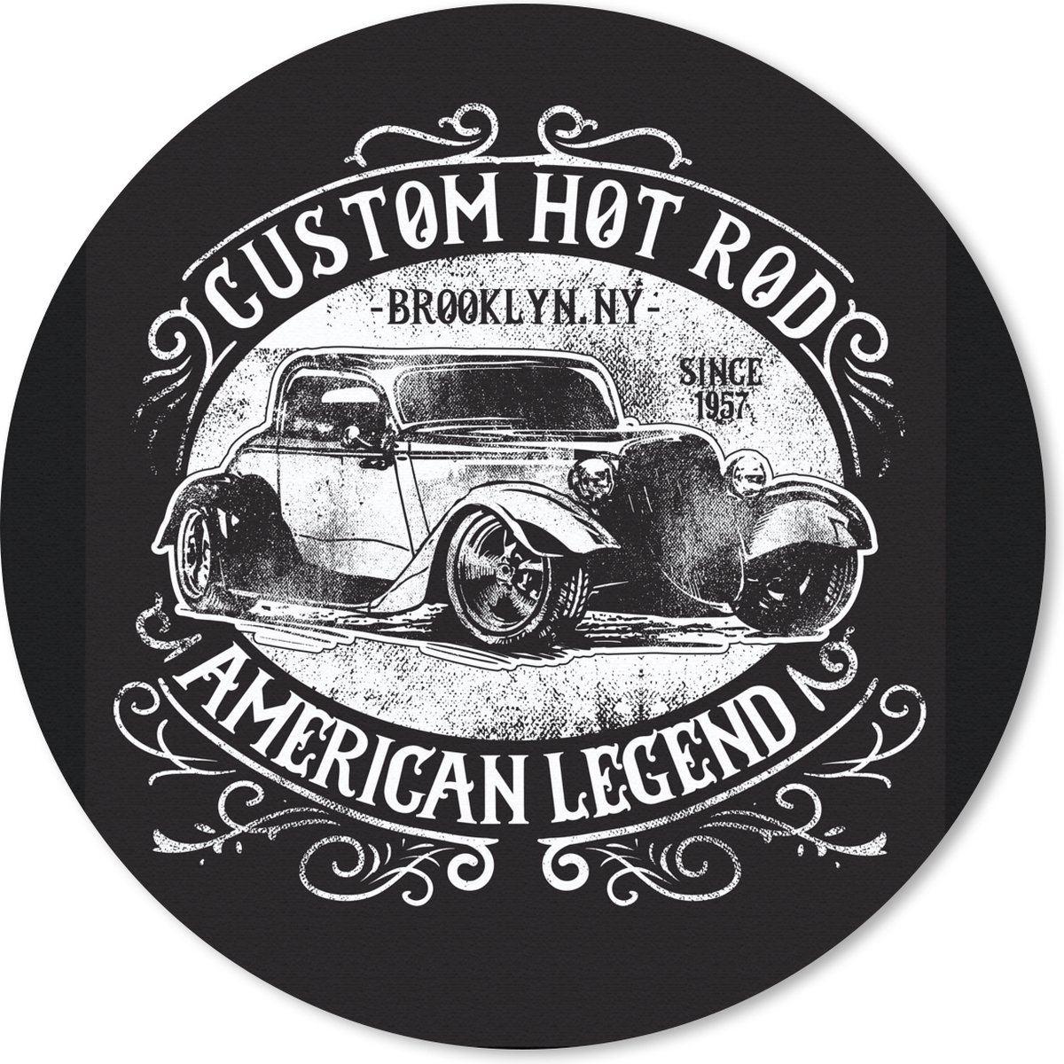 Muismat rond 40x40 cm - Mousepad Mancave - Auto - Retro - Zwart - Wit - Ronde muismatten