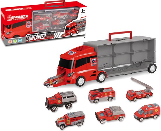 Brandweer vrachtwagen set - transporter - 6-delig koffer set - Container Truck - 36.4 cm van Speelgoedwereld — afbeelding 3