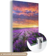 MuchoWow® Glasschilderij 80x120 cm - Schilderij acrylglas - Lavendel - Wolken - Lente - Foto op glas - Schilderijen