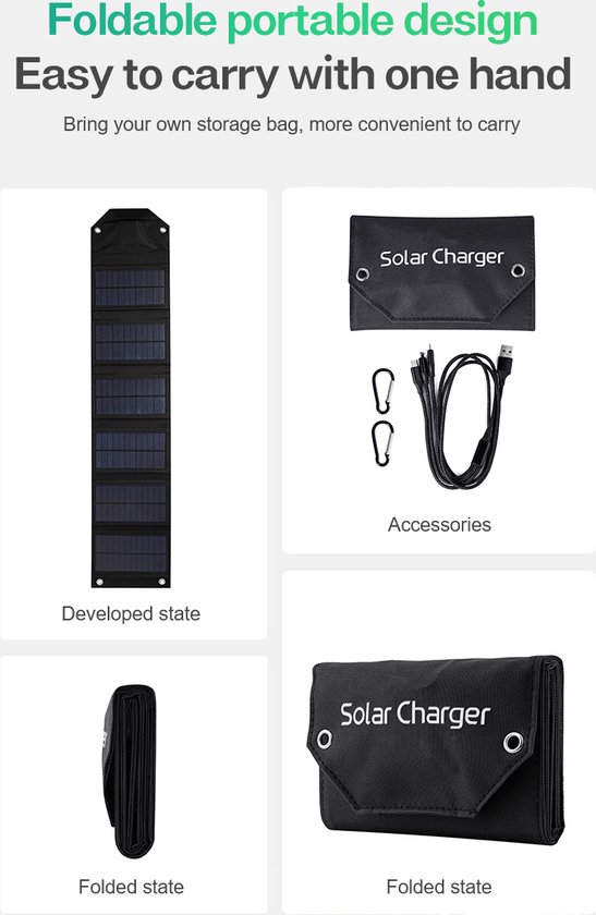 solar world -Opvouwbaar Zonnepaneel – Draagbaar Zonnepaneel – 12 W – 1 USB poort – Geschikt voor mobiele telefoons/camera's/laptops - slechts 0.4 kg - Spatwaterdicht - solar world