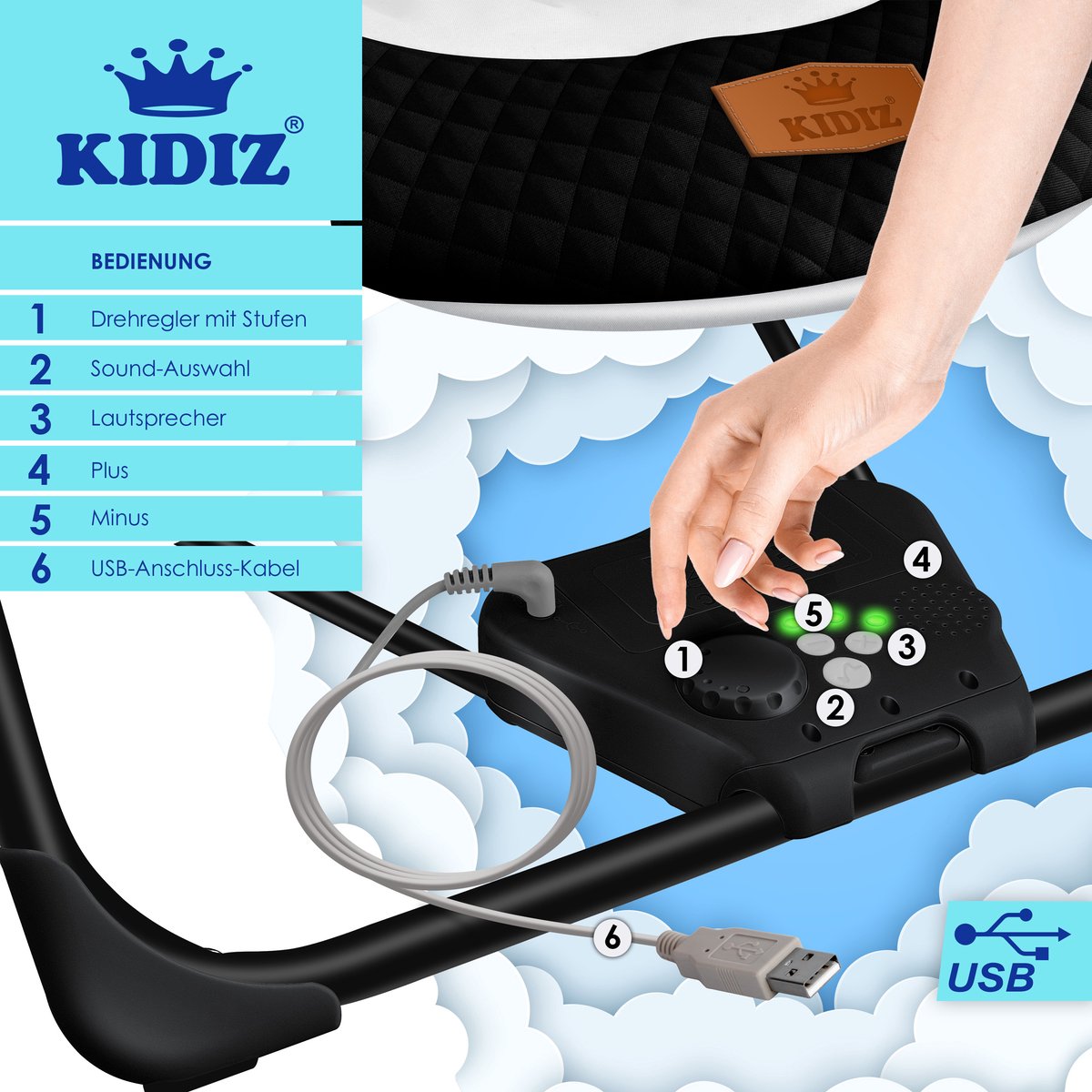 KIDIZ Wipstoel Baby Elektrisch Babyschommel tot max 9kg - Zwart thumbnail 6
