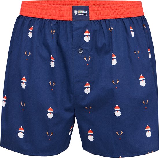 Happy Shorts Wijde Kerst Boxershort Heren Kerstmannen + Rendieren Donkerblauw - Losse boxershort - Maat XL