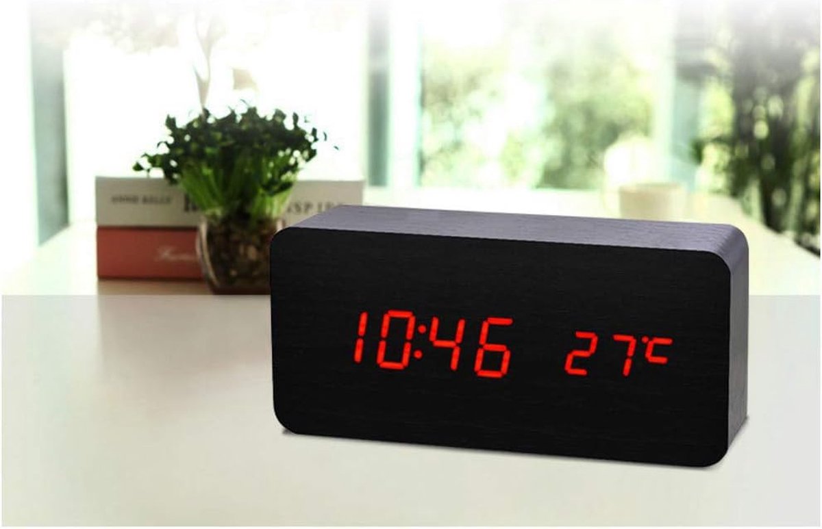 Desk Houten clock Digitaal Instelbare Helderheid Stembesturing 3 Alarmsets Grote Weergavetijd Temperatuur Datum USB of Batterijvoeding Voor Thuis Kinderen Slaapkamer Kantoor AC11 Black_Red