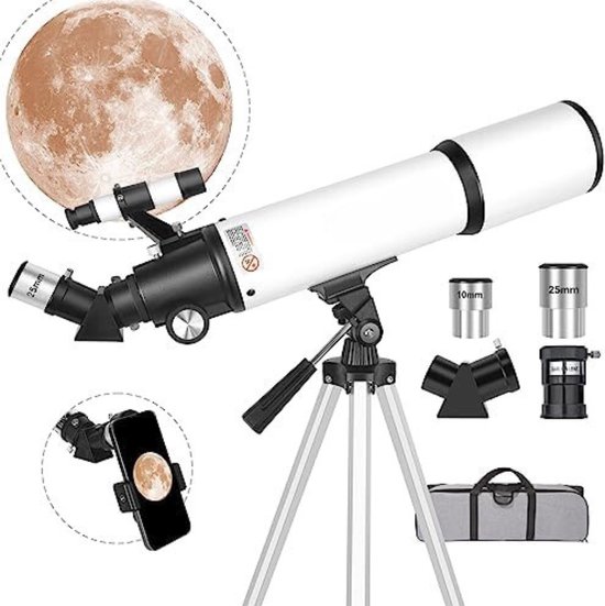 Dianfan Telescoop, 90 mm Opening, 800mm Telescoop Astronomie voor Volwassenen, 32X-240X Refractor Telescopen voor Kinderen en Beginners met Telefoonadapter, AZ Montuur, Statief en Draagtas