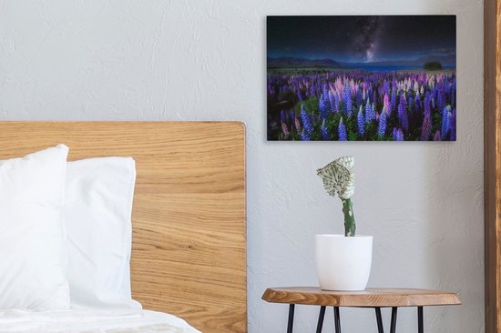 Champ de fleurs avec des lupins violets et bleus la nuit au lac Tekapo en Nouvelle-Zélande 30x20 cm - petit - Tirage photo sur toile (Décoration murale salon / chambre) / Peintures Fleurs sur toile