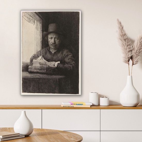 Autoportrait de Rembrandt eau-forte à une fenêtre - Peinture de Rembrandt van Rijn sur toile 60x80 cm - Tirage photo sur toile (Décoration murale salon / chambre)