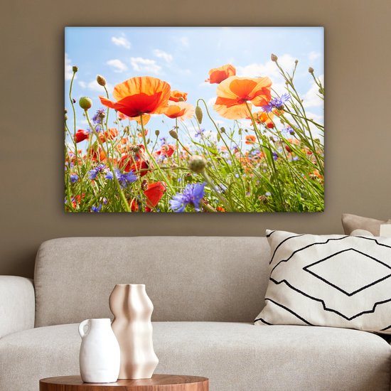 Tableau Fleurs - Coquelicot - Printemps - Nature - Rouge - Blauw - 80x60 cm - Décoration murale