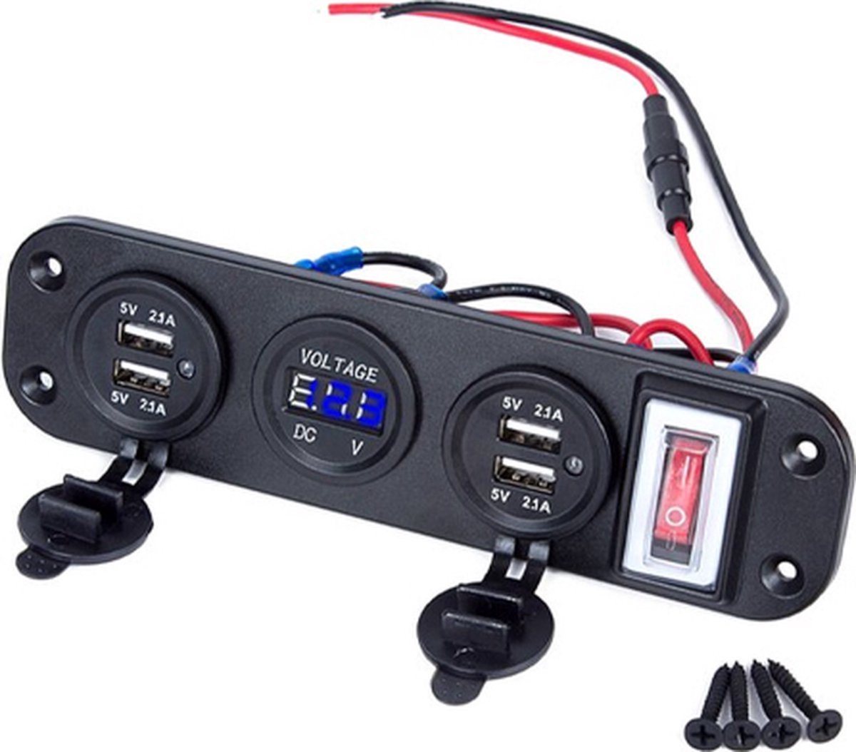 Orbit Electronic® Universele Dual USB stopcontact met Voltmeter/Aan-Uit Schakelaar - Drie Gaten Paneel - 12-24V DC - 5V/2.1A - Blauw - Geschikt voor ieder voertuig